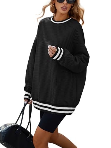 Famulily Damen Oversized Herbst Winter Sweatshirts Langarm Pullover Tops Casual Rundhalsausschnitt Gestreiftes Top, Schwarz , M von Famulily