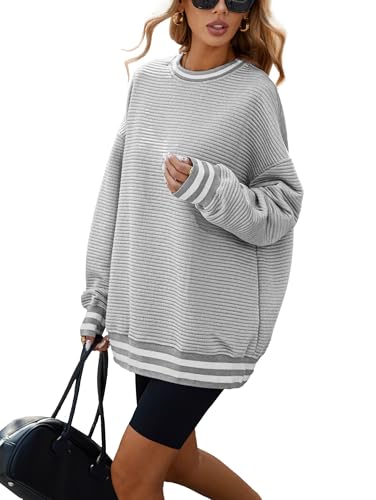 Famulily Damen Oversized Herbst Winter Sweatshirts Langarm Pullover Tops Casual Rundhalsausschnitt Gestreiftes Top, grau, L von Famulily