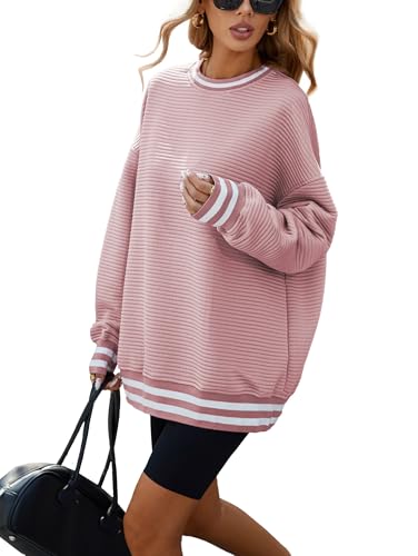 Famulily Damen Oversized Herbst Winter Sweatshirts Langarm Pullover Tops Casual Rundhalsausschnitt Gestreiftes Top, rose, XL von Famulily