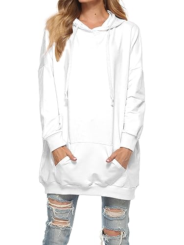 Famulily Damen Oversized Hoodie Kleid Baumwolle Lang Sweatshirt mit Kapuze Einfarbige Kapuzenpullover und Taschen und Kordelzug Weiß L von Famulily