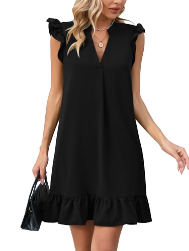 Famulily Damen Plus Size Kleider Sommer Tief V-Ausschnitt Cap Sleeve Ruffle Saum Smock Mini Kleid Schwarz S von Famulily