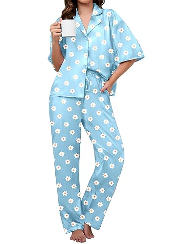 Famulily Damen Plus Size Pyjama Set Bedrucktes Kurzarm Knopf Oberteil und elastische Taille Hose mit Kordelzug Blau XL von Famulily