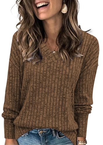 Famulily Damen Pullover Langarmshirt Oversize Leichte Strickpullover V-Ausschnitt Elegant Oberteile Herbst (XL,Braun) von Famulily
