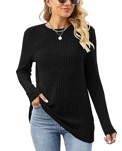 Famulily Damen Pullover Rundhalsausschnitt Langarm Leichter Strickpullover Pulli Herbst Strickpulli Elegant Langarmshirts Oberteile (XL,Schwarz) von Famulily