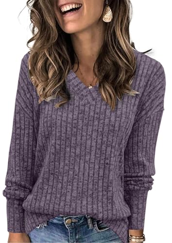 Famulily Damen Pullover mit V-Ausschnitt Herbst Langarmshirt, Oversize Leichte Pulli Strickpullover Elegant Oberteile (XL,Lila) von Famulily