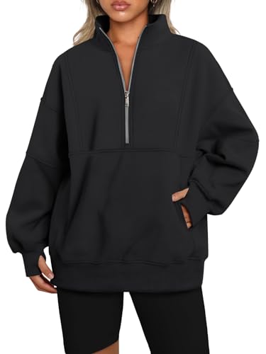 Famulily Damen-Pullover mit halbem Reißverschluss, langärmelig, einfarbig, entspannte Passform, Winter-Fleece-Hoodies mit Tasche, S-XL, Schwarz , XL von Famulily