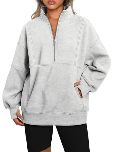 Famulily Damen-Pullover mit halbem Reißverschluss, langärmelig, einfarbig, entspannte Passform, Winter-Fleece-Hoodies mit Tasche, S-XL, grau, L von Famulily