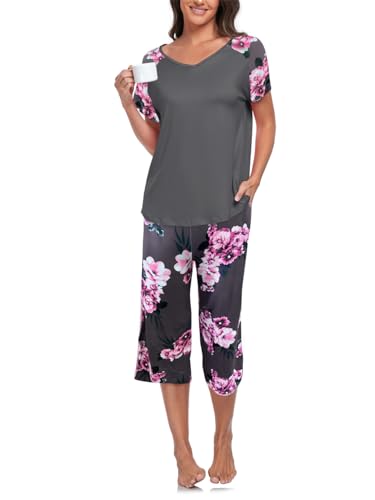 Famulily Damen Pyjama Ralgan Kurzarm V-Ausschnitt Top & Pyjama Capri Hose Blumendruck mit Kordelzug Taschen S-XXL, dunkelgrau, 48 von Famulily