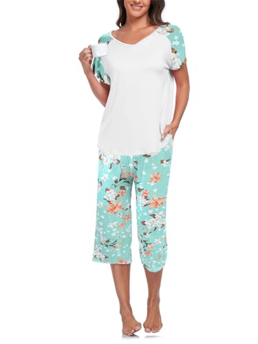Famulily Damen-Pyjama, Ralgan, kurzärmelig, V-Ausschnitt, Caprihose, Blumendruck, mit Kordelzug-Taschen, S-XXL, weiß, M von Famulily