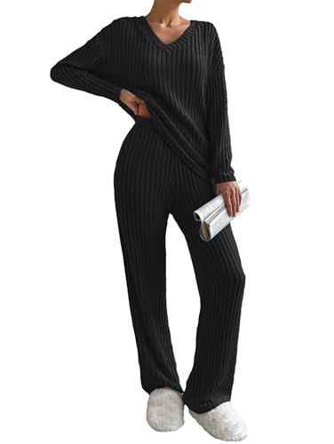 Famulily Schlafanzug Damen Winter Pyjama Lang Langarm V-Ausschnitt Loungewear Hausanzug Weites Bein Zweiteiler Set Outfit mit Taschen (XXL,Schwarz) von Famulily