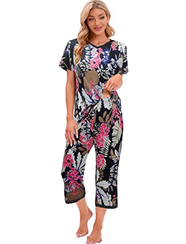 Famulily Damen-Pyjama-Set, kurzärmelig, V-Ausschnitt, Top mit Caprihose, lässige und florale Drucke, Nachtwäsche, Pyjama, Loungewear-Set, S-XXL, Mult, 42 von Famulily