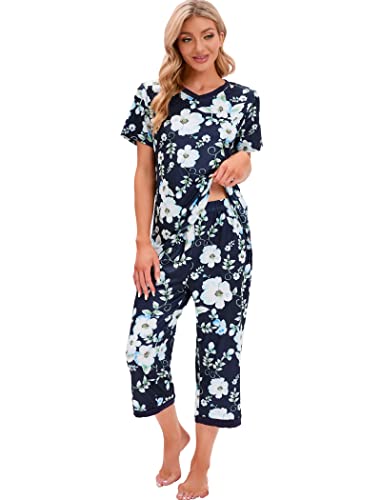 Famulily Damen-Pyjama-Set, kurzärmelig, V-Ausschnitt, Top mit Caprihose, lässige und florale Drucke, Nachtwäsche, Pyjama, Loungewear-Set, S-XXL, blau, 38 von Famulily