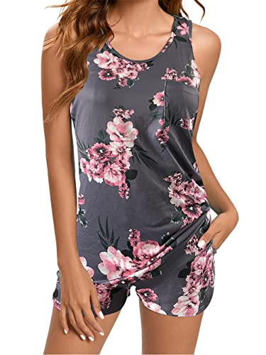 Famulily Damen Pyjama Sets Ärmellos Blumendruck Nachtwäsche Tank Top und Shorts Nachtwäsche Weich mit Tasche S-XXL, grau, 42 von Famulily