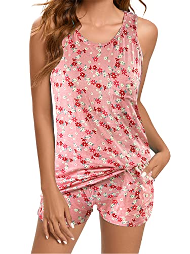 Famulily Damen Pyjama Sets Ärmellos Blumendruck Nachtwäsche Tank Top und Shorts Nachtwäsche Weich mit Tasche S-XXL, rose, 36 von Famulily