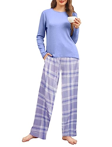 Famulily Damen Pyjama Sets Langarm Herbst Nachtwäsche Warme Pjs Lounge Sets mit verstellbarem Kordelzug Himmelblau M von Famulily