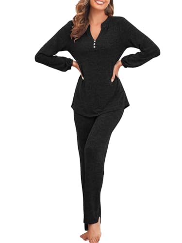 Famulily Damen Pyjama-Sets Langarm vorne V-Ausschnitt Knopf Top und lange Hose Nachtwäsche mit elastischen Bündchen S-XXL, Schwarz , 46 von Famulily