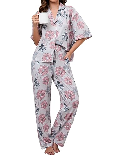 Famulily Damen Pyjamas Set Herbst Weiches Kurzarm Nachthemd & Pyjamahose mit Taschen Beige XXL von Famulily