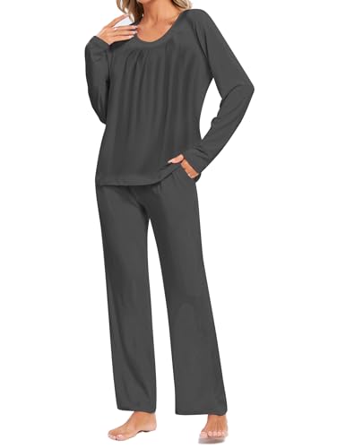 Famulily Damen Pyjamasets Langarmshirt und Pyjamahose 2 Stück Lounge Sets mit Taschen Dunkelgrau L von Famulily