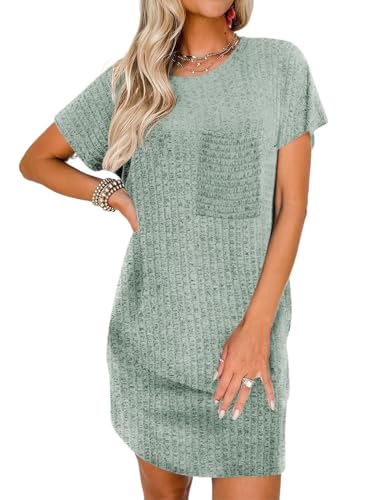 Famulily Damen-Rippstrick-Nachthemd Kurzarm-Loungewear mit Brusttaschen Grün XXL von Famulily