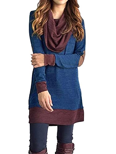 Famulily Damen Rollkragen Tops Zwei Tonfarbblockhintergrund Pullover Elbow Patchs lose lange Tunika Bluse X-Large Blau von Famulily