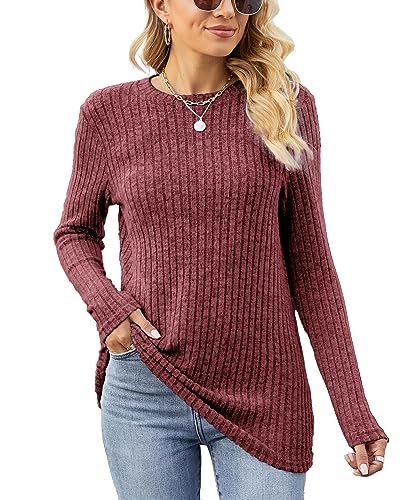 Famulily Damen Rundhalsausschnitt Langarm Pullover Leichter Strickpullover Pulli Herbst Strickpulli Elegant Langarmshirts Oberteile (M,Burgunderfarben) von Famulily