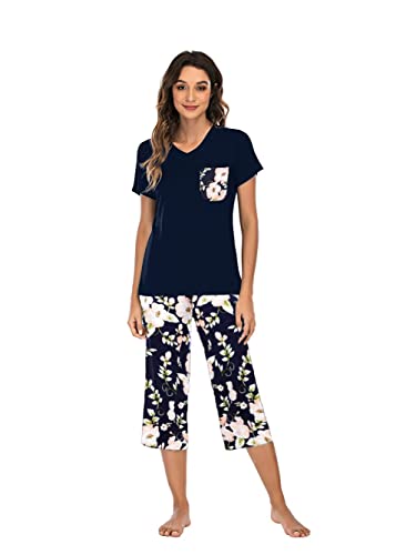 Famulily Damen Schlafanzug Kurz Sommer Pyjama Set Dreiviertel Damen Baumwolle Hausanzug Kurzarm Top Und Hose,Blau,S von Famulily