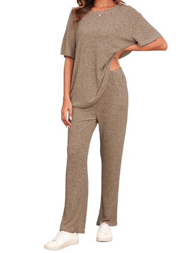 Famulily Damen Schlafanzug Kurzarm Pyjamas Sommer Rundhals Loungewear 2 Teiler Elegant Weites Bein Zweiteiler Set Outfit mit Taschen (XXL,Khaki) von Famulily
