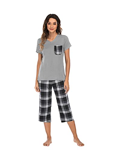 Famulily Damen Schlafanzug Kurzer Pyjama Set Sommer Nachtwäsche Stretch Dreiviertel Pyjama Damen Baumwoll Hausanzug Schlafanzüge für Damen,Dark Grau,M von Famulily