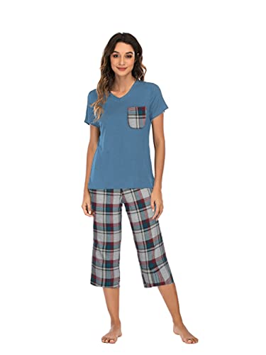 Famulily Damen Schlafanzug Kurzer Pyjama Set Sommer Nachtwäsche Stretch Dreiviertel Pyjama Damen Baumwoll Hausanzug Schlafanzüge für Damen,Grau,L von Famulily