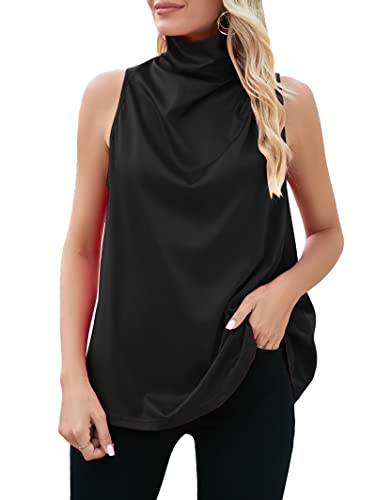 Famulily Damen Sexy Wasserfallkragen ärmellose Tanktops geraffte Satin seidige Cami Tops Basic Solid Color Tank Tops, Schwarz, X-Groß von Famulily