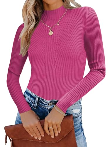 Famulily Damen Slim Fit Rollkragenpullover Gerippte Pullover Langarm Stretch Pullover (XL, Rosa) von Famulily