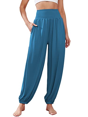 Famulily Damen Smocked Elastische High Waisted Tanz Harem Hosen Yoga Boho Sweatpants Casual Pyjamas Blau S von Famulily