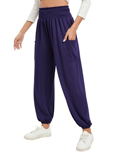 Famulily Damen Smocked High Waisted Yoga Joggers Hosen Lounge Pyjamas Sweatpants mit Taschen Marineblau M von Famulily