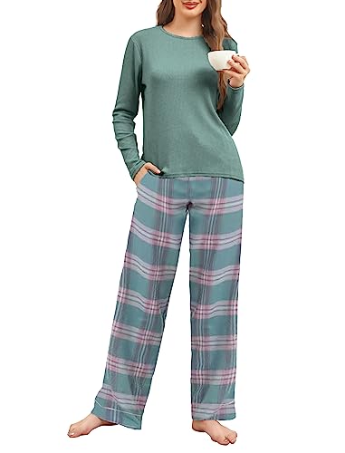 Famulily Damen Soft Cotton Lounge Set Langarm Top Pyjamas Wide Leg Pants Winter Loungewear Outfits Grün M von Famulily