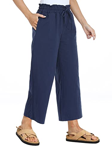 Famulily Damen Sommer Bequeme Baumwolle Leinen Cropped Hose Breites Bein Lounge Hose mit Taschen, #2 Blau, XL von Famulily