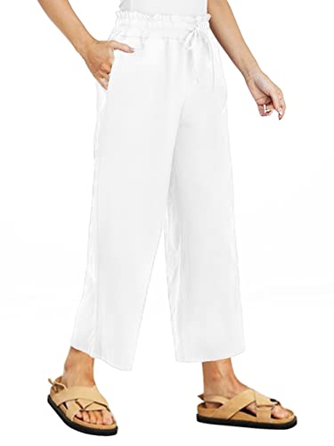 Famulily Damen Sommer Bequeme Baumwolle Leinen Cropped Hose Breites Bein Lounge Hose mit Taschen, #2 Weiß, M von Famulily