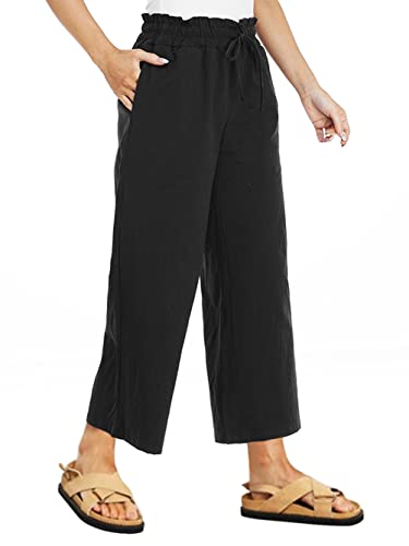 Famulily Damen Sommer Bequeme Baumwolle Leinen Cropped Hose Weites Bein Loungehose mit Taschen, #2 Schwarz, S von Famulily