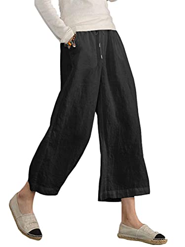 Famulily Damen Sommer Bequeme Baumwolle Leinen Cropped Hose Weites Bein Loungehose mit Taschen, Schwarz , XX-Large von Famulily