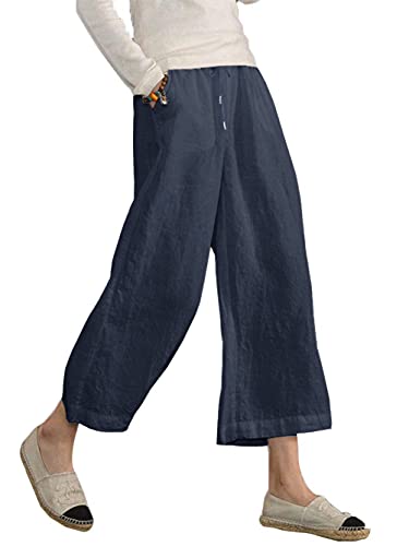 Famulily Damen Sommer Bequeme Baumwolle Leinen Cropped Hose Weites Bein Loungehose mit Taschen, blau, S von Famulily