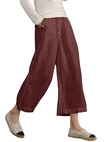 Famulily Damen Sommer Bequeme Baumwolle Leinen Cropped Hose Weites Bein Loungehose mit Taschen, burgunderfarben, L Famulily Damen Sommer Bequeme Baumwolle Leinen Cropped Hose Weites Bein Loungehose mit Taschen, burgunderfarben, L von Famulily