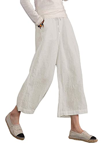 Famulily Damen Sommer Bequeme Baumwolle Leinen Cropped Hose Weites Bein Loungehose mit Taschen, weiß, XL von Famulily