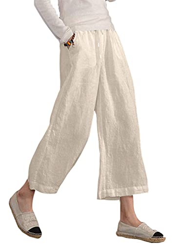 Famulily Damen Sommer Bequeme Baumwolle Leinen Cropped Hose Weites Bein Loungehose mit Taschen, beige, M von Famulily