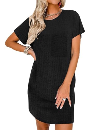 Famulily Damen Sommer Casual Tshirt Kleider Rundhals Dolman Ärmel Lose Shift Kleid mit Taschen Schwarz XXL von Famulily