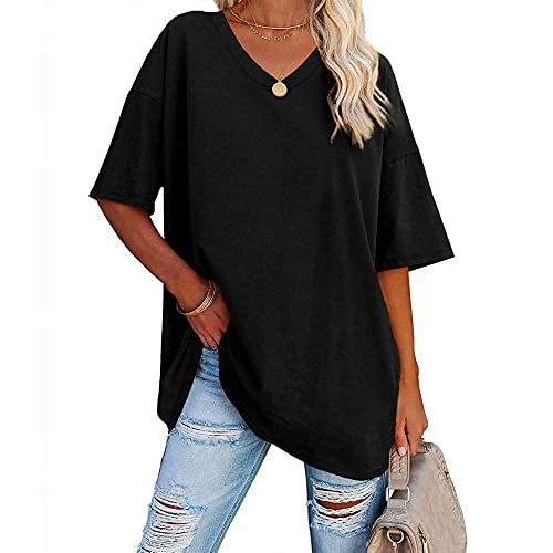 Famulily Damen Sommer Casual V Ausschnitt Halbe Ärmel T-Shirt Damen Kurzarm Oversized Baseball T-Shirts Tunika Tops, Schwarz , Large von Famulily