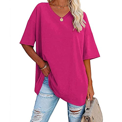 Famulily Damen Sommer Casual V Ausschnitt Halbe Ärmel T-Shirt Damen Kurzarm Oversized Baseball T-Shirts Tunika Tops, hot pink, Small von Famulily