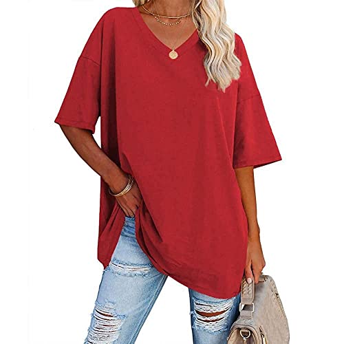 Famulily Damen Sommer Casual V Ausschnitt Halbe Ärmel T-Shirt Damen Kurzarm Oversized Baseball T-Shirts Tunika Tops, rot, M von Famulily