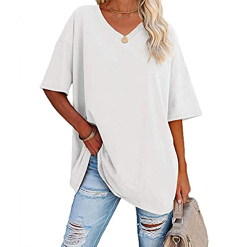 Famulily Damen Sommer Casual V Ausschnitt Halbe Ärmel T-Shirt Damen Kurzarm Oversized Baseball T-Shirts Tunika Tops, weiß, XXL von Famulily