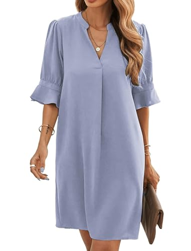 Famulily Damen Sommer Kleid 2023 Kurzarm Plissee Swing Casual Kleid Knielang Himmelblau L von Famulily