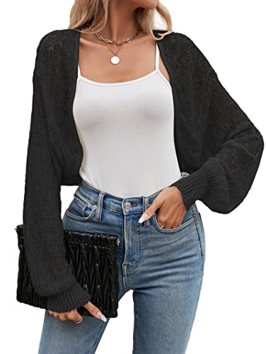 Famulily Damen Sommer Langarm Cropped Cardigans UK Hollow Out Floral Lace Crochet Shrug Schal Bolero Cardigans, Schwarz , XL von Famulily