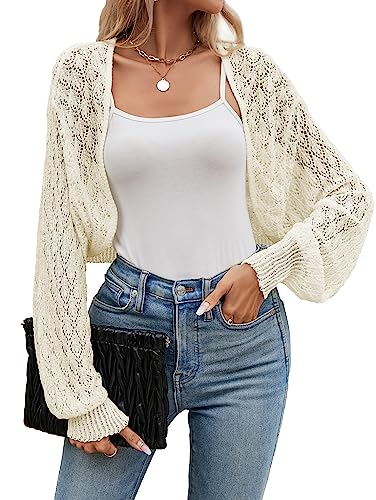 Famulily Damen Sommer Langarm Cropped Cardigans UK Hollow Out Floral Lace Crochet Shrug Shawl Bolero Cardigans, beige, S von Famulily